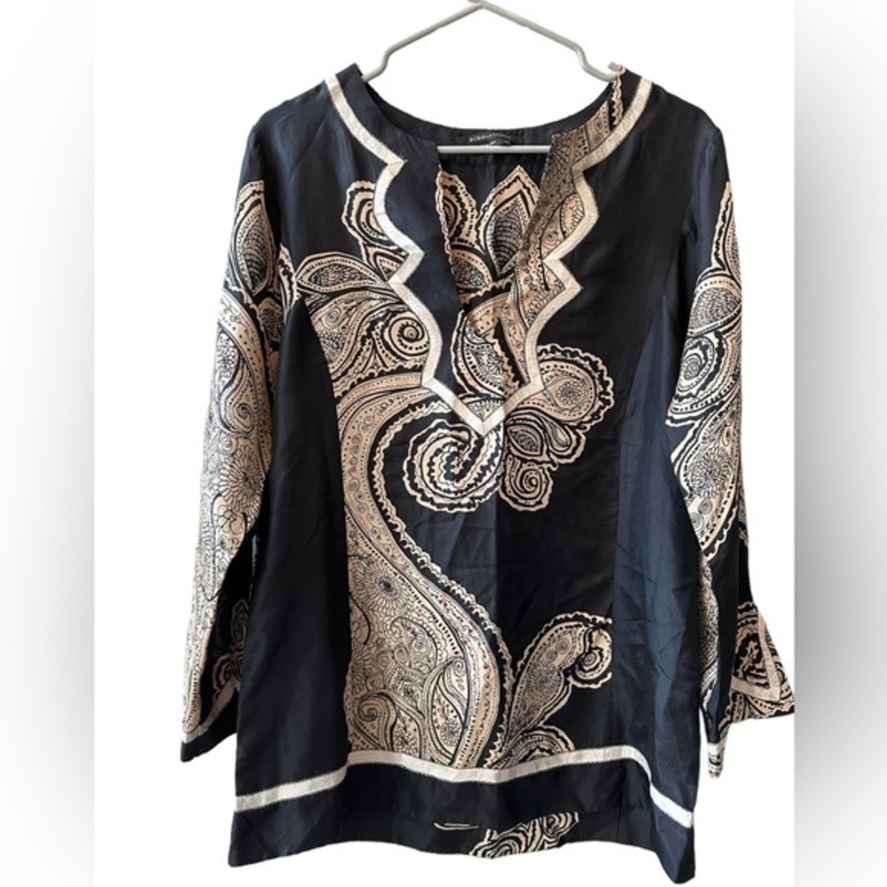 BCBG Max Azria 100% Silk Tunic Black Tan Paisley, Size Medium